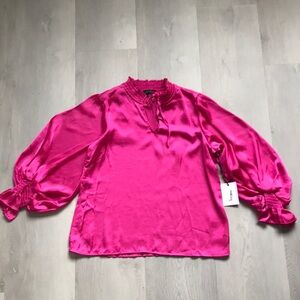 WOMENS BALLOON SLEEVE BLOUSE PINK SATIN PULLOVER SHIRT MEDIUM